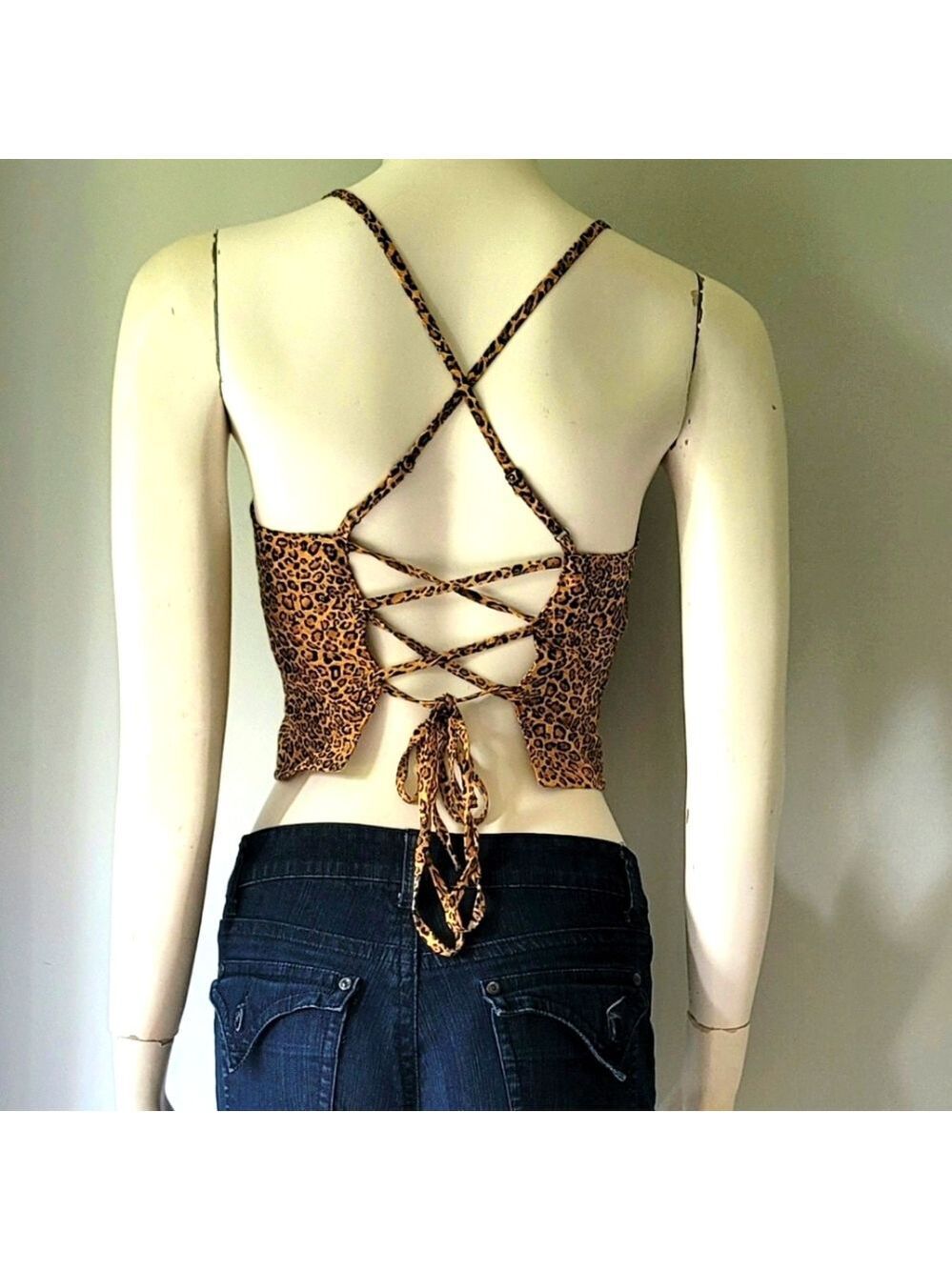 Urban Outfitters Petite Cardi Leopard Print Linen Strappy Tie-Back Crop Top